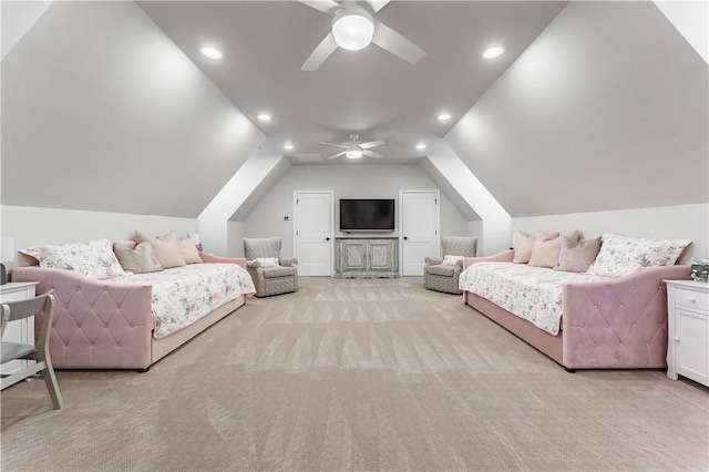 bedroom featuring light carpet, ceiling fan, vaulted ceiling, and recessed lighting