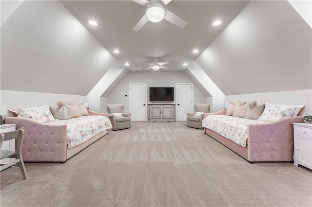bedroom featuring light carpet, lofted ceiling, recessed lighting, and a ceiling fan