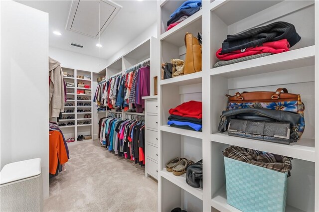 walk in closet featuring carpet floors and attic access