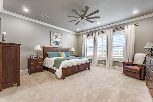 bedroom with light colored carpet, ornamental molding, baseboards, recessed lighting, and a ceiling fan