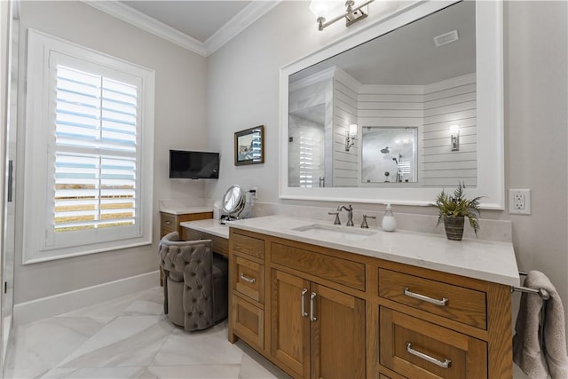 bathroom featuring crown molding, baseboards, marble look tiles, and vanity