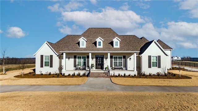 cape cod house with covered porch, a shingled roof, fence, and stucco siding