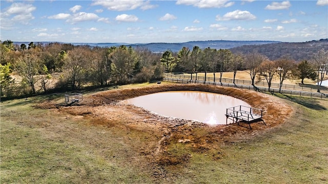 view of home's community with fence and a water view