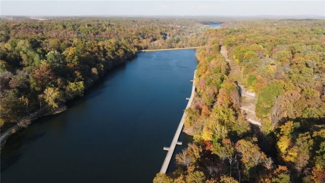 birds eye view of property featuring a water view and a view of trees