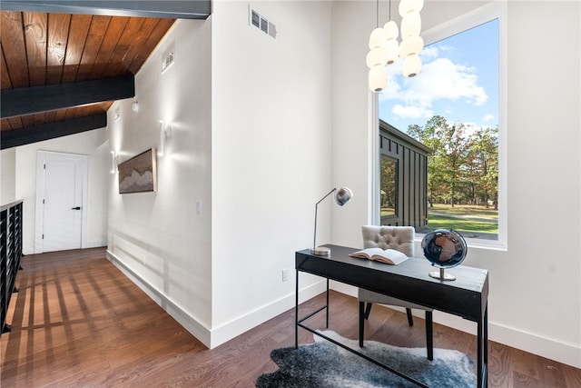 office space featuring baseboards, visible vents, wood ceiling, dark wood-style flooring, and a chandelier