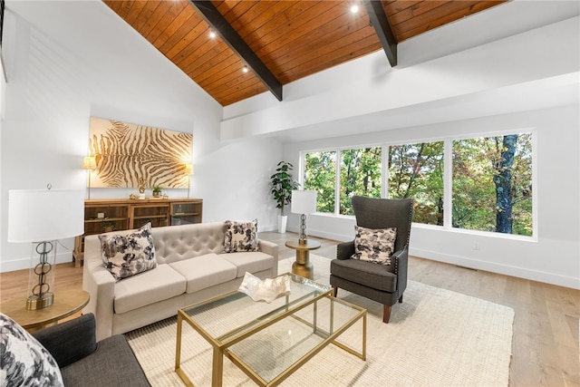 living area with wood ceiling, baseboards, beam ceiling, and wood finished floors