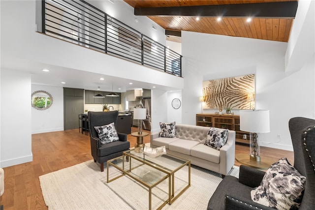 living area featuring light wood-type flooring, wood ceiling, baseboards, and beam ceiling