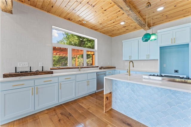16103 E Ar 12th Hwy, Rogers, AR 72756 - kitchen featuring wooden ceiling with exposed beams, light wood finished floors, stainless steel dishwasher, light countertops, and a sink