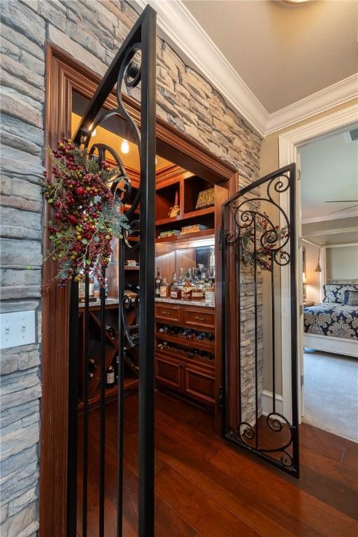 wine cellar featuring dark wood-style floors and crown molding