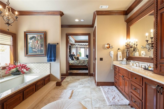 full bathroom with a garden tub, connected bathroom, vanity, visible vents, and ornamental molding