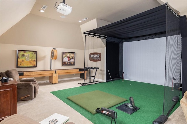 game room with golf simulator, lofted ceiling, and carpet floors