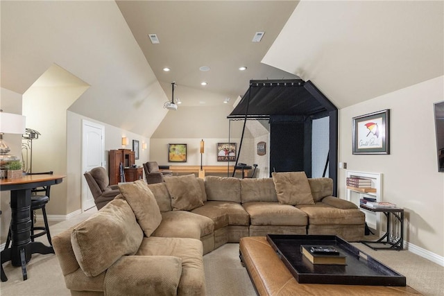 living room with lofted ceiling, light carpet, baseboards, and recessed lighting