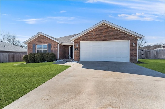 single story home featuring brick siding, a front yard, and fence