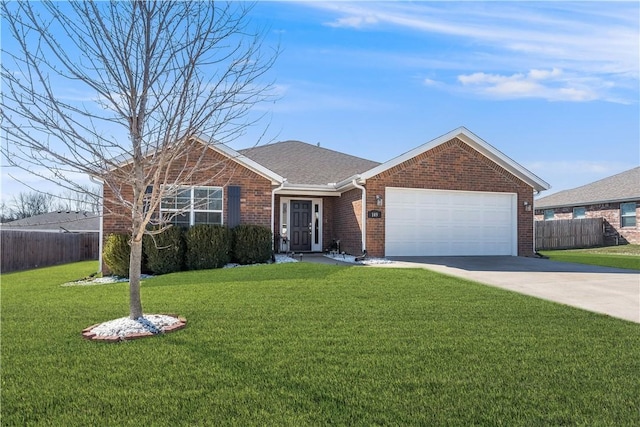 ranch-style house with brick siding, an attached garage, fence, driveway, and a front lawn