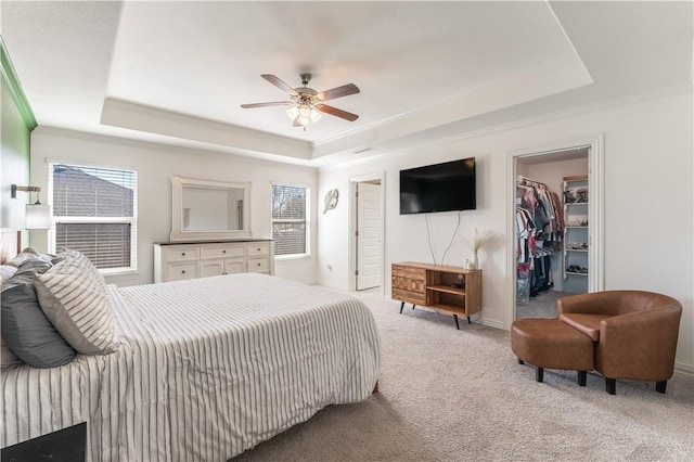 carpeted bedroom with a tray ceiling, a closet, and a walk in closet