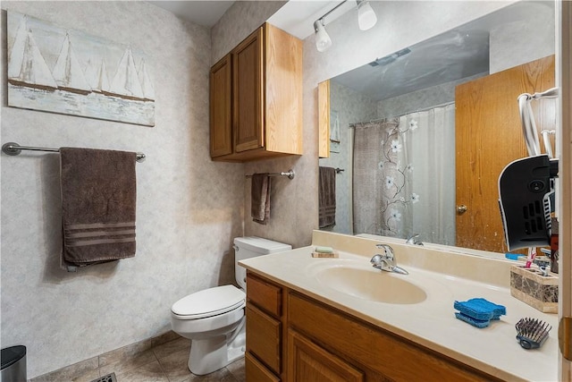 20564 Dogwood Rd, Rogers, AR 72756 - bathroom featuring tile patterned floors, toilet, vanity, and curtained shower