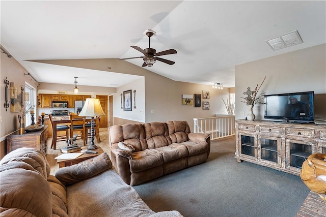 20564 Dogwood Rd, Rogers, AR 72756 - living area featuring ceiling fan, lofted ceiling, and carpet floors