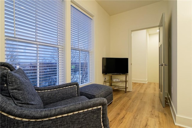 living area featuring baseboards and wood finished floors