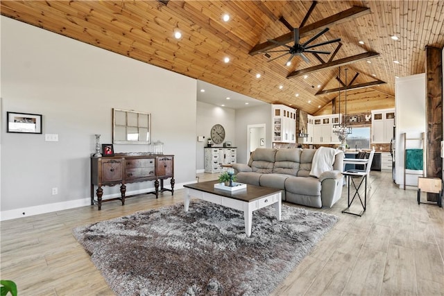 living room featuring wooden ceiling, baseboards, high vaulted ceiling, and light wood finished floors