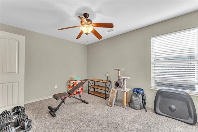115 NE Lake Forest Ln, Bentonville, AR 72712 - workout area with a ceiling fan, carpet flooring, visible vents, and baseboards