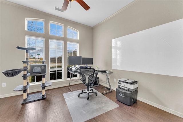 115 NE Lake Forest Ln, Bentonville, AR 72712 - office with ceiling fan, wood finished floors, visible vents, baseboards, and ornamental molding