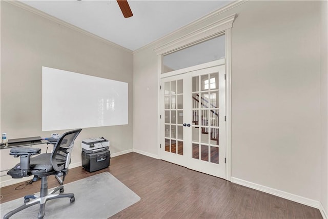 115 NE Lake Forest Ln, Bentonville, AR 72712 - office area with french doors, ornamental molding, ceiling fan, wood finished floors, and baseboards