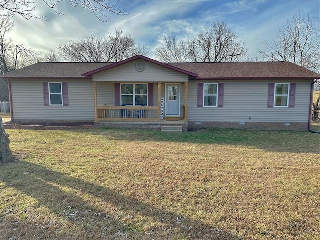 ranch-style house with crawl space, covered porch, and a front lawn