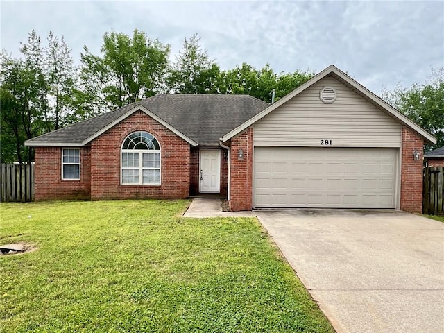 single story home with a garage, driveway, brick siding, fence, and a front yard