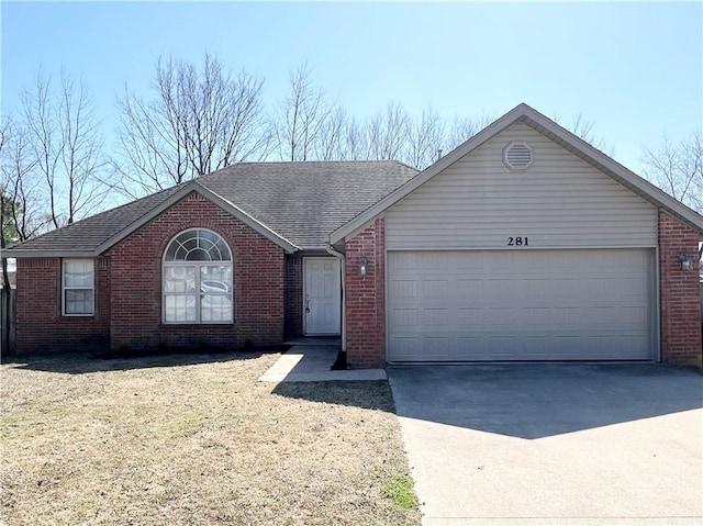 ranch-style home with an attached garage, brick siding, driveway, and a shingled roof