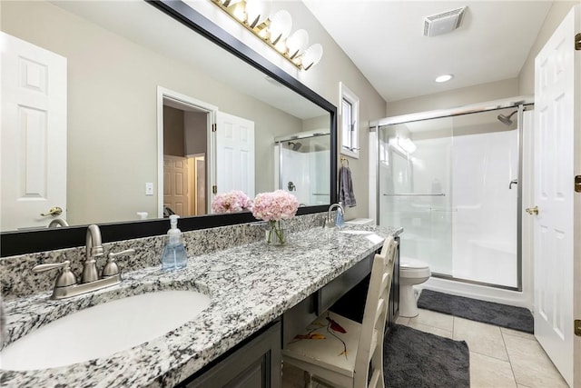 full bath featuring a stall shower, tile patterned flooring, visible vents, and a sink