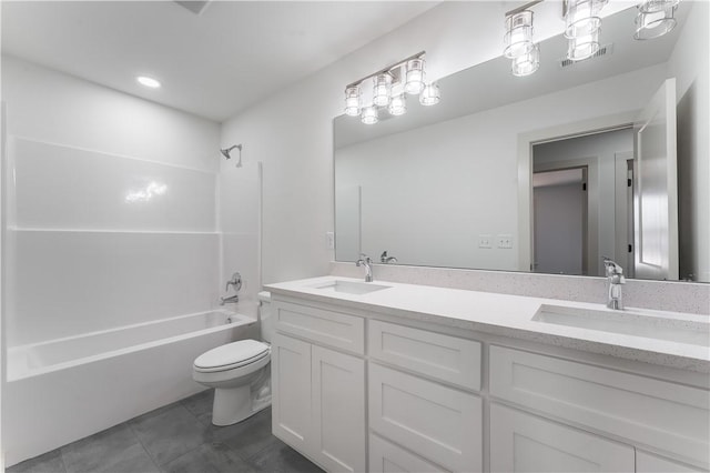 full bath with toilet, double vanity,  shower combination, and a sink