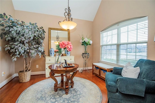 sitting room featuring vaulted ceiling, baseboards, and wood finished floors