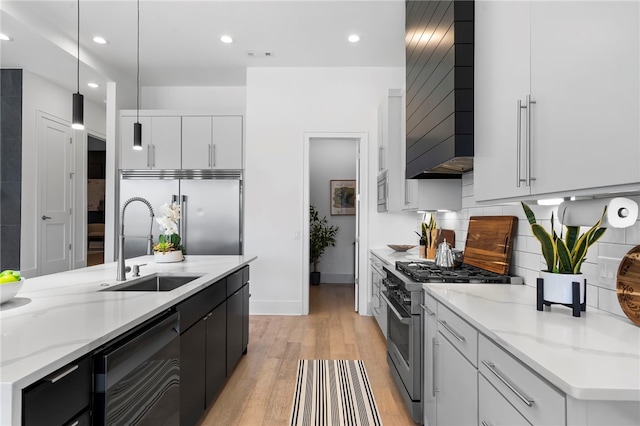 kitchen featuring premium appliances, light wood finished floors, custom range hood, a sink, and modern cabinets