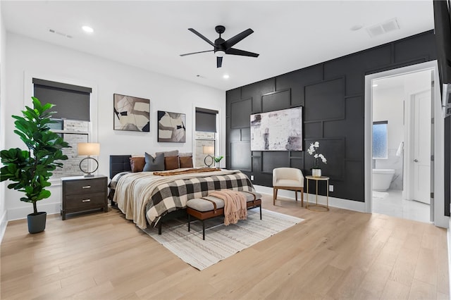 bedroom with recessed lighting, visible vents, and light wood finished floors