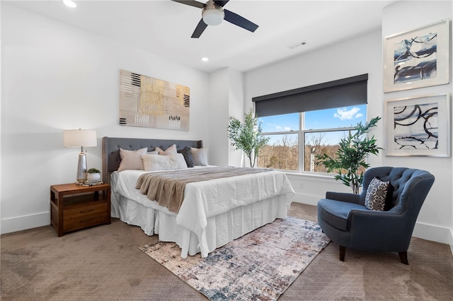 carpeted bedroom featuring recessed lighting, visible vents, ceiling fan, and baseboards