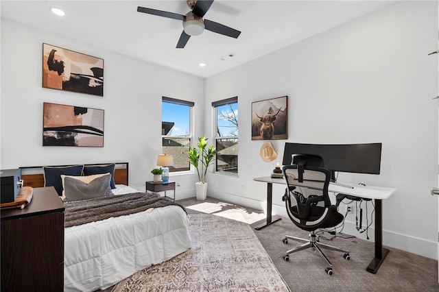 carpeted bedroom featuring recessed lighting, visible vents, ceiling fan, and baseboards