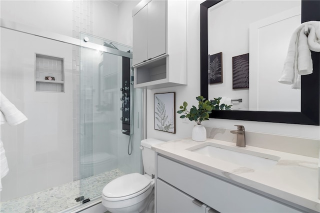 bathroom featuring vanity, a shower stall, and toilet