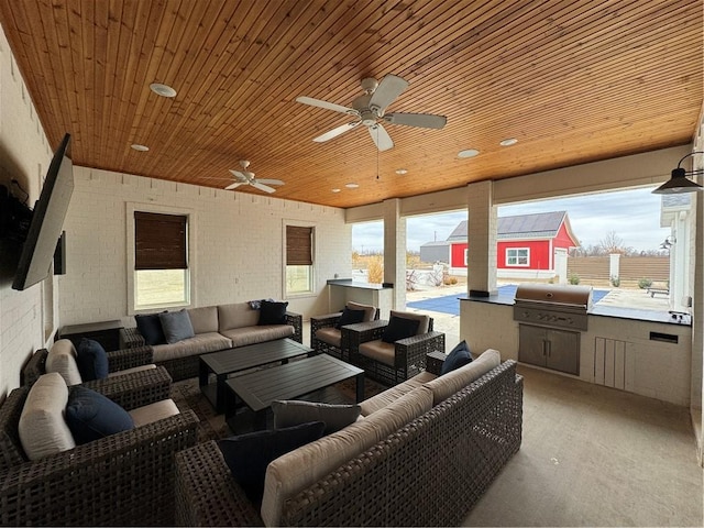 exterior space with light carpet, brick wall, wooden ceiling, and a healthy amount of sunlight