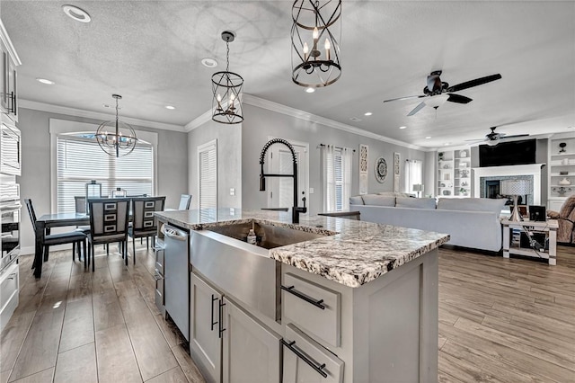 kitchen with light wood-style flooring, stainless steel appliances, a sink, built in features, and a center island with sink