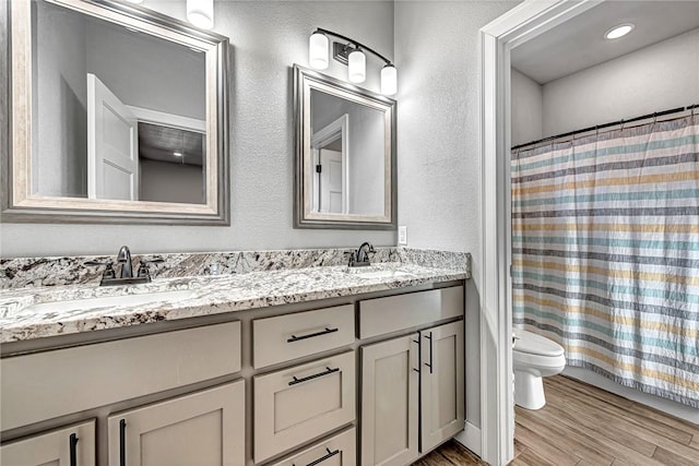bathroom featuring wood finished floors, toilet, double vanity, and a sink