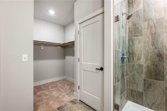 interior space featuring a shower stall, a spacious closet, and baseboards