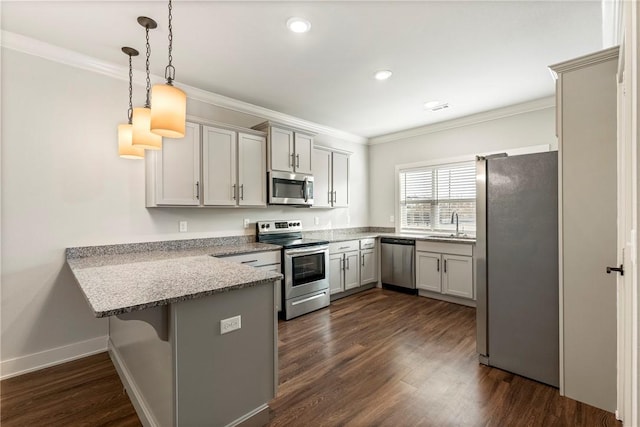 kitchen with a peninsula, appliances with stainless steel finishes, dark wood-style flooring, and ornamental molding