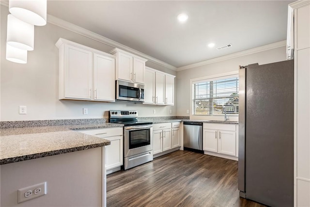 kitchen featuring visible vents, a sink, ornamental molding, dark wood-type flooring, and stainless steel appliances