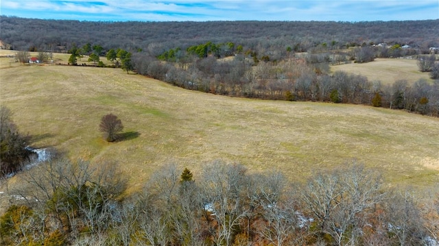 birds eye view of property featuring a rural view and a wooded view