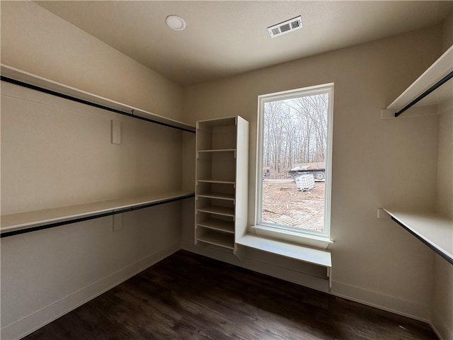 walk in closet featuring visible vents and dark wood finished floors