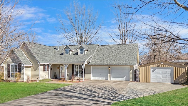 cape cod home with a shingled roof, a front yard, and covered porch