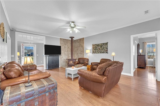 living room with ornamental molding, light wood-type flooring, a wood stove, and visible vents