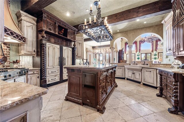 2 S Samoset Ct, Rogers, AR 72758 - kitchen featuring stone tile floors, a chandelier, open shelves, premium range hood, and recessed lighting