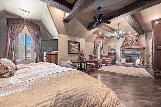 2 S Samoset Ct, Rogers, AR 72758 - bedroom with wood finished floors, a chandelier, a fireplace, and recessed lighting