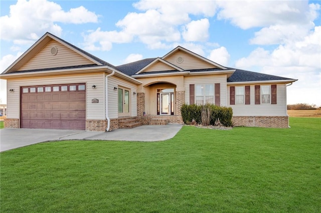 ranch-style house featuring a garage, a front lawn, concrete driveway, and brick siding